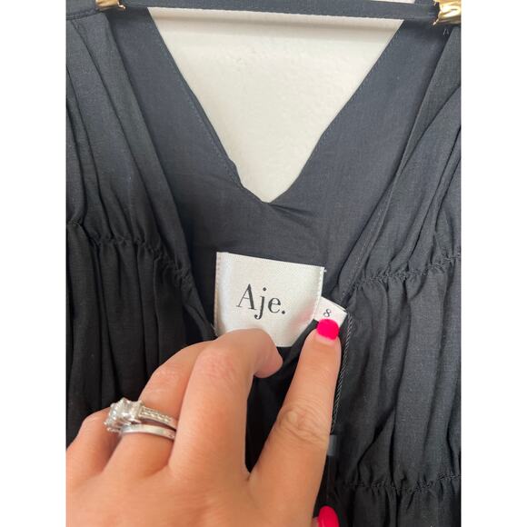 NWT Aje Evelina Ruched Blouson Sleeve V-Neckline Cotton Mini Dress Black Size: 4 - Picture 6 of 8